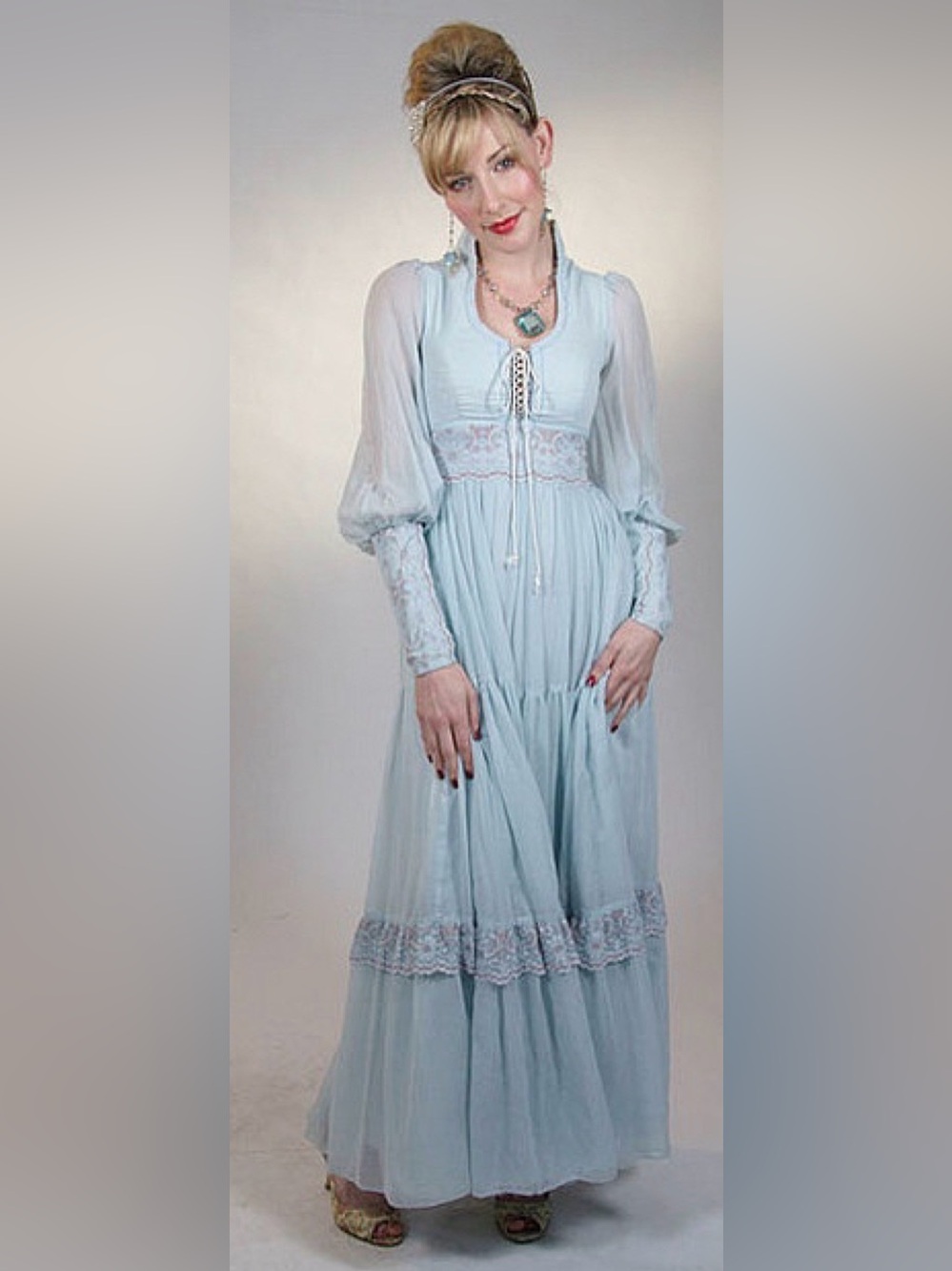 Vintage Gunne Sax Romantic Prairie Ice Blue Lace Dress XS Small Size 7